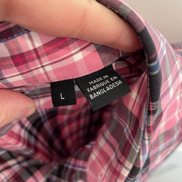 Boss Hugo Boss Plaid Checkered Button Down Shirt Pink Black Blue 100% Cotton L - Picture 3 of 5